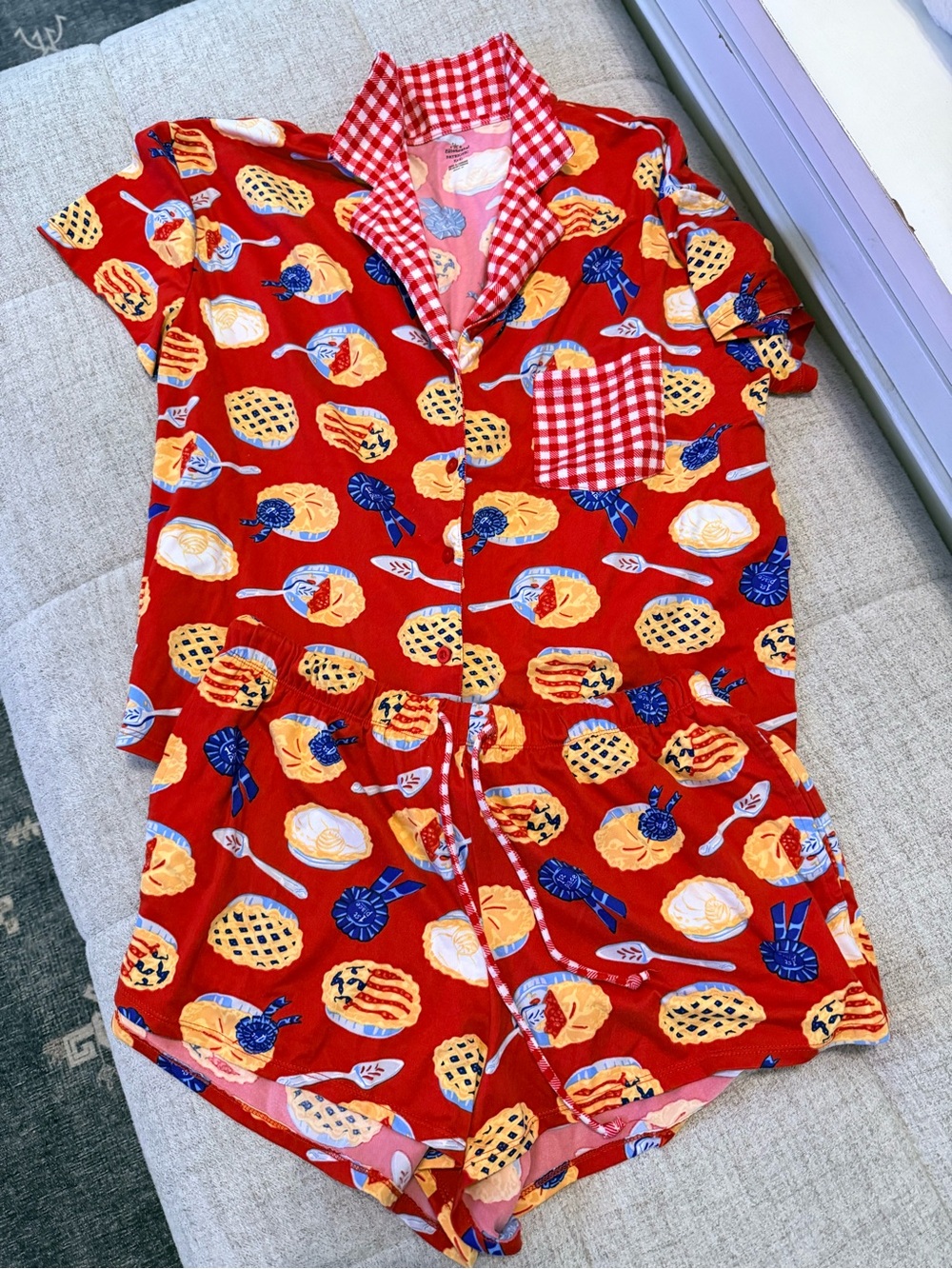 Girls Red Pie-Print Short Pajama Set with Gingham Trim